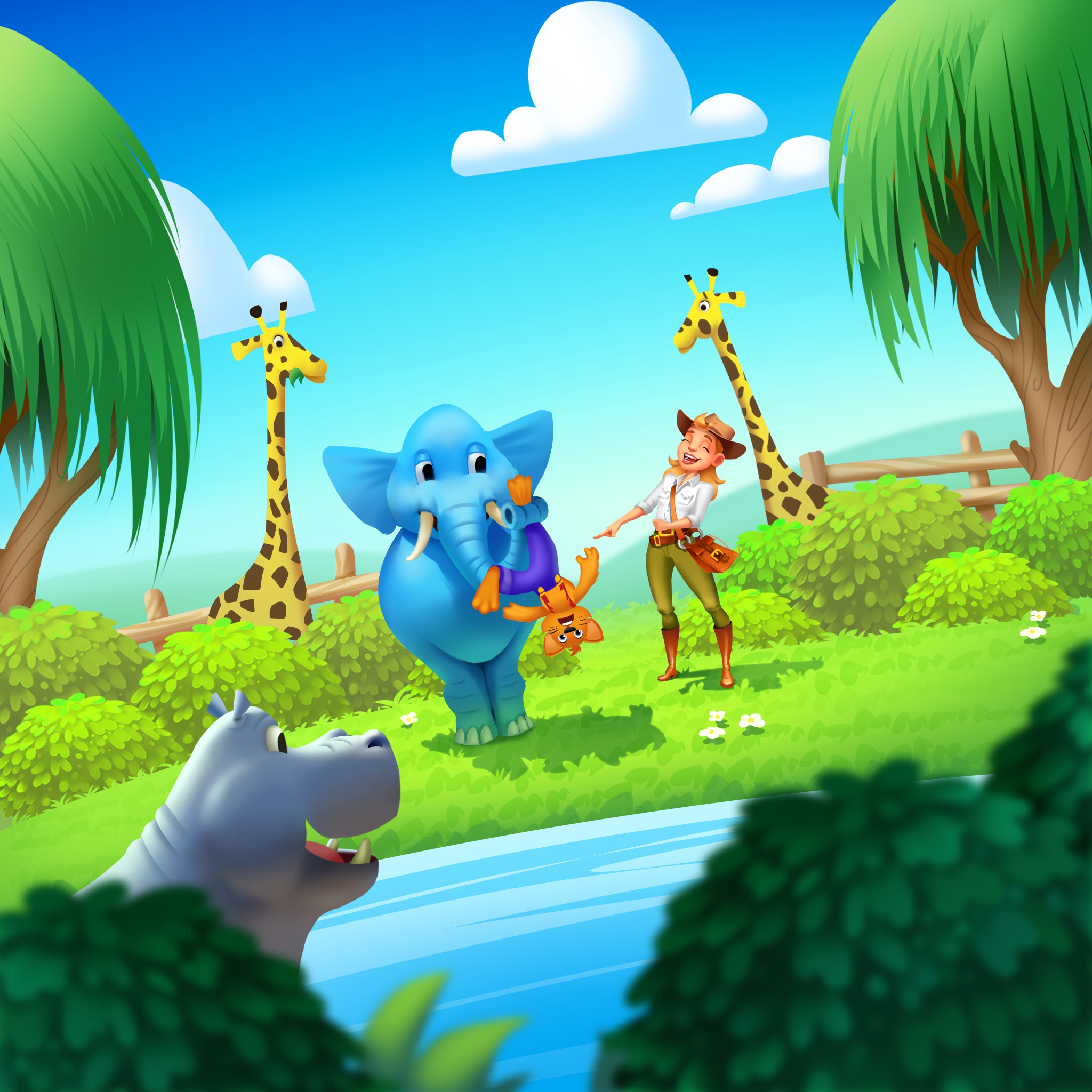 Zoo Boom artwork showing Jenny, giraffes, an elephant, and other zoo animals